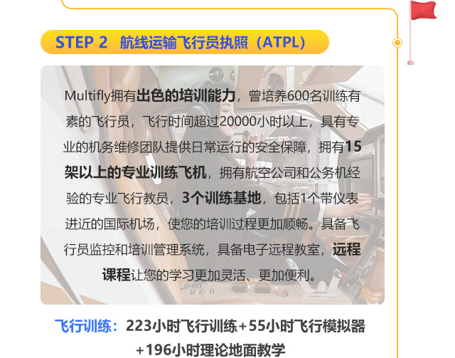 航线运输飞行员执照（ATPL）:Multifly拥有出色的培训能力，曾培养600名训练有素的飞行员，飞行时间超过20000小时以上，具有专业的机务维修团队提供日常运行的安全保障，拥有15架以上的专业训练飞机，拥有航空公司和公务机经验的专业飞行教员，3个训练基地，包括1个带仪表进近的国际机场，使您的培训过程更加顺畅。具备飞行员监控和培训管理系统，具备电子远程教室，远程课程让您的学习更加灵活、更加便利。